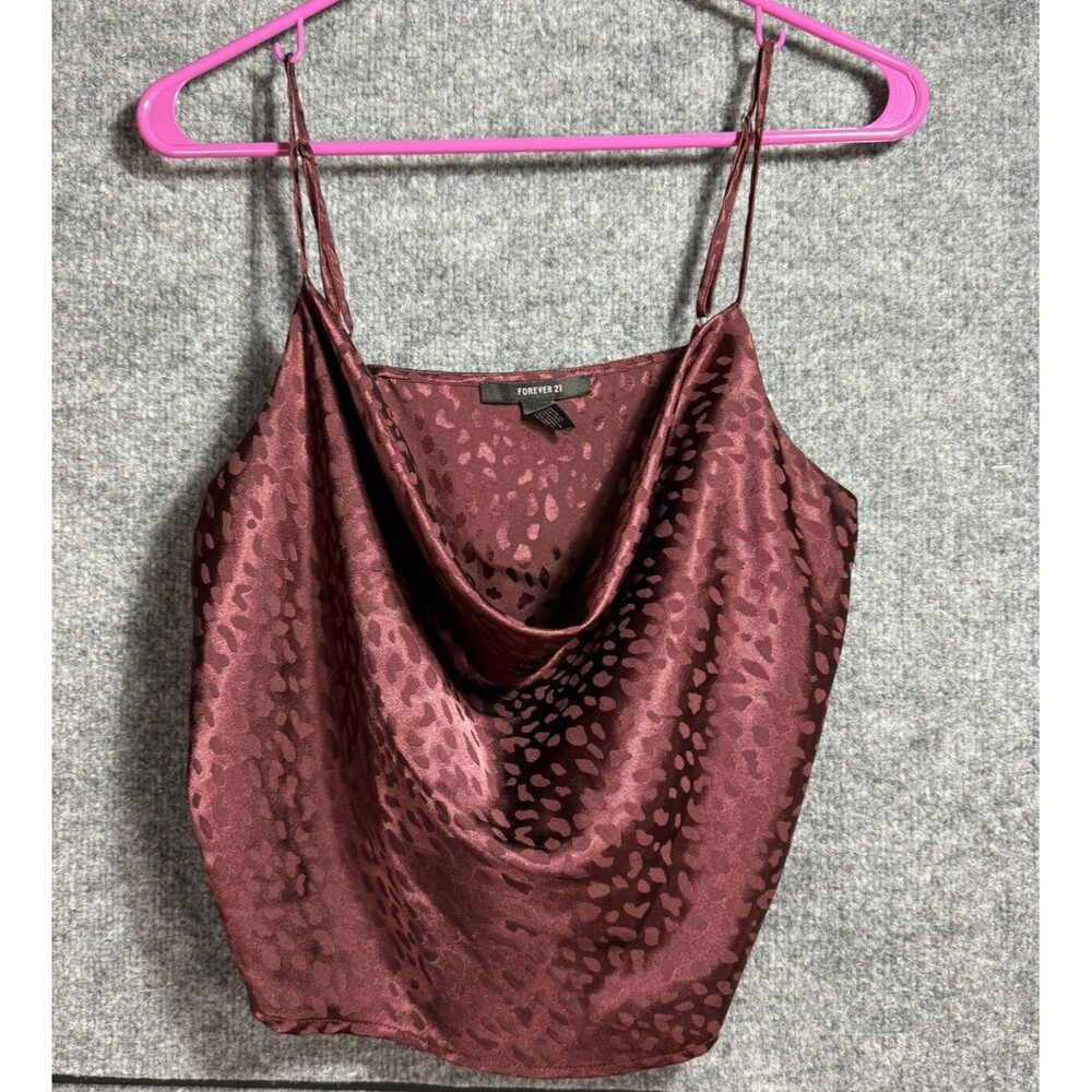 Forever 21 Satin Leopard Print Cowl Neck Cami Top Women's Large Burgundy Whimsy